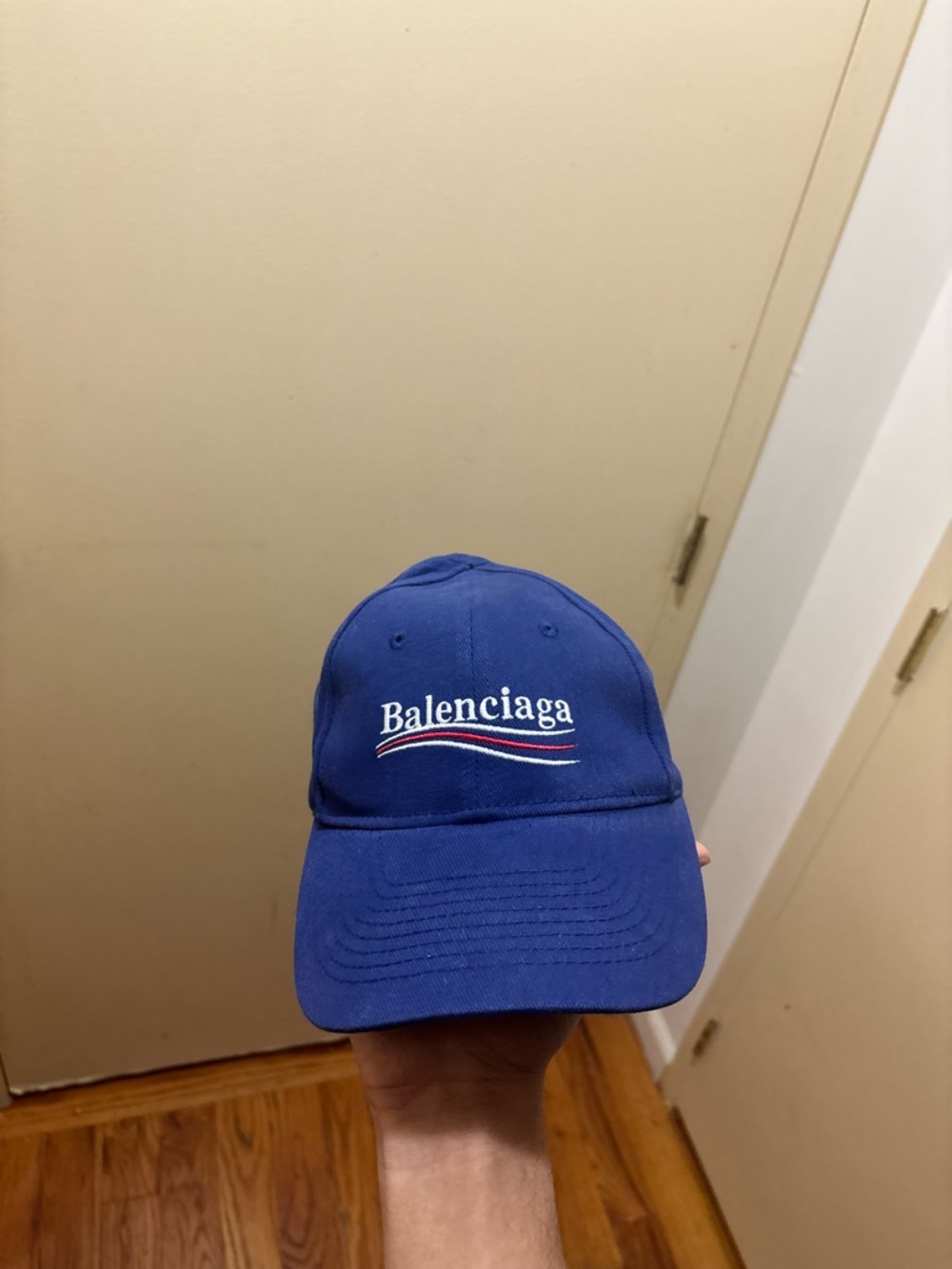 Balenciaga Navy Blue Baseball Cap with White Logo Tag